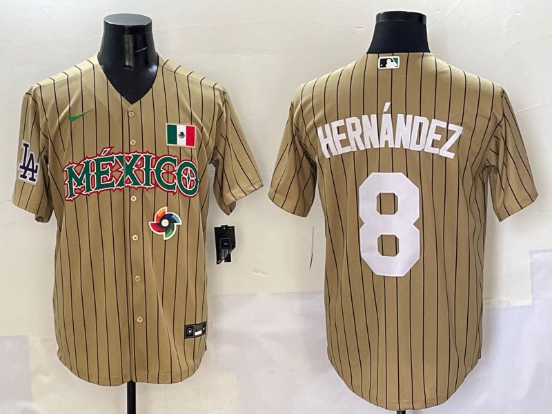 Men Los Angeles Dodgers 8 Hernandez Brown Stripe Mexico Joint Name 2025 Nike MLB Jersey style 5